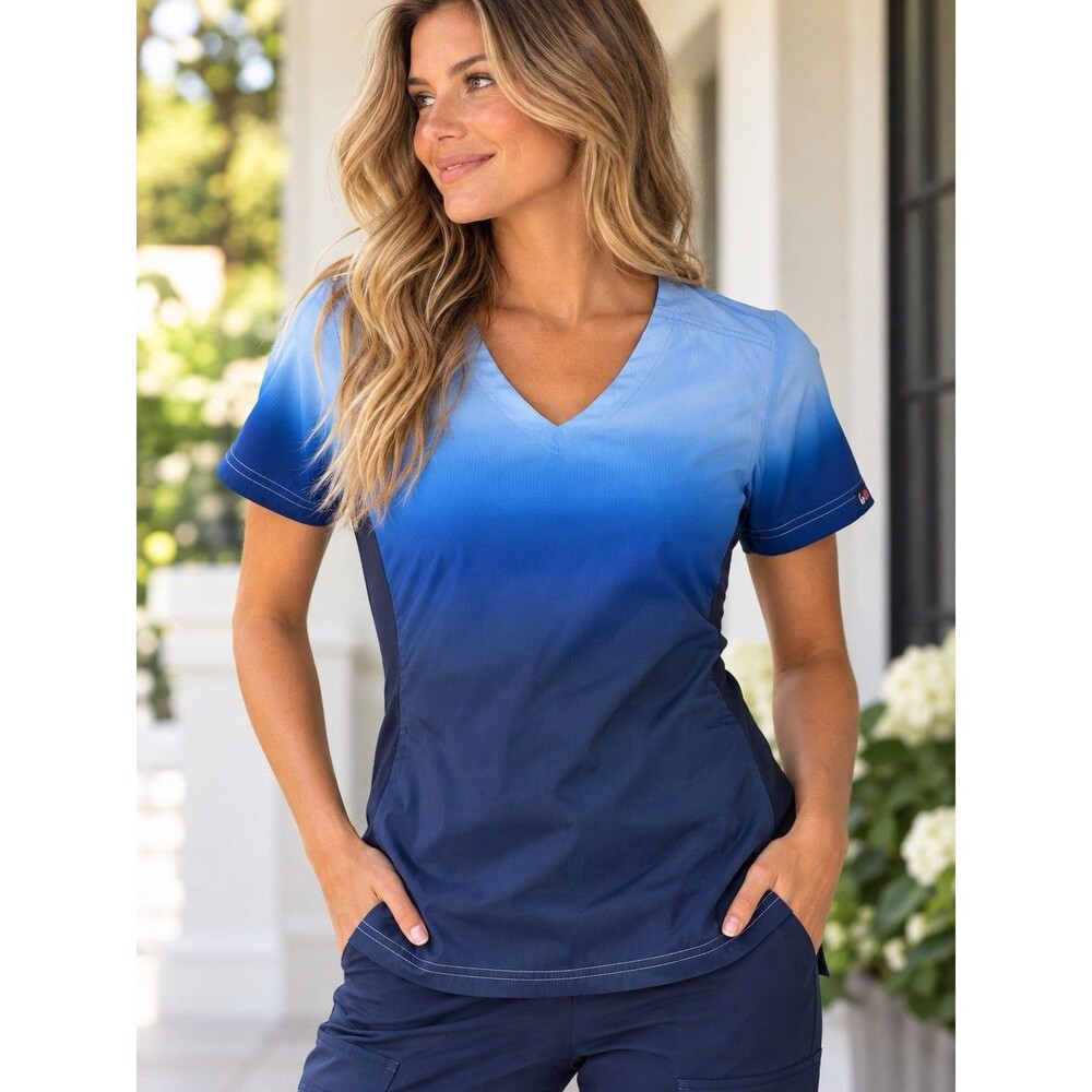 Koi Lite Scrub Top Ombre Navy Blue To Turquoise Nurse Dental Medical See Pics